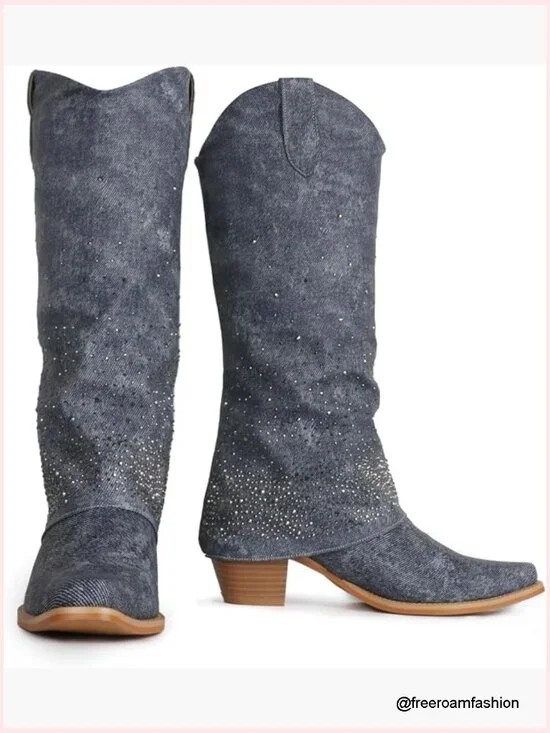 Rhinestone Denim Cowgirl Boots Fold Over Knee High Chunky Heel Pointed Toe