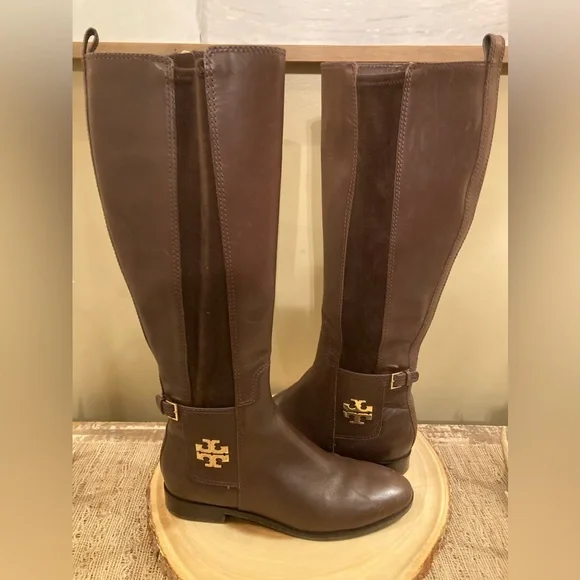 Tory Burch Wyatt Over Knee Brown‎ Leather Boots Zip Up Size-7.5