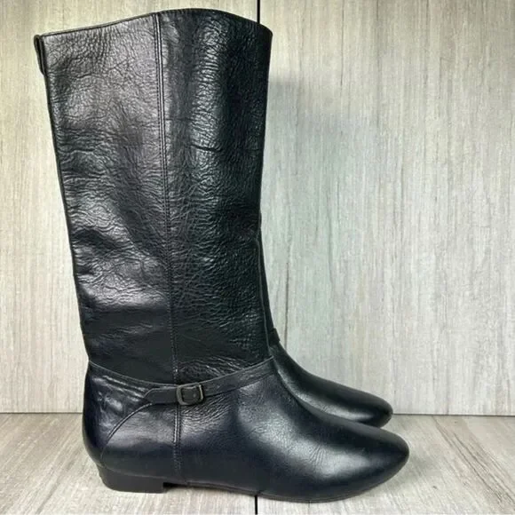 Frye Bonnie Black Leather Low Heel Flat Mid Calf‎ Tall Ring Boots Women’s Size 6