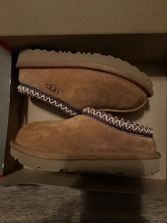 UGG Chestnut Brown Suede Mule Slippers with Woven Trim