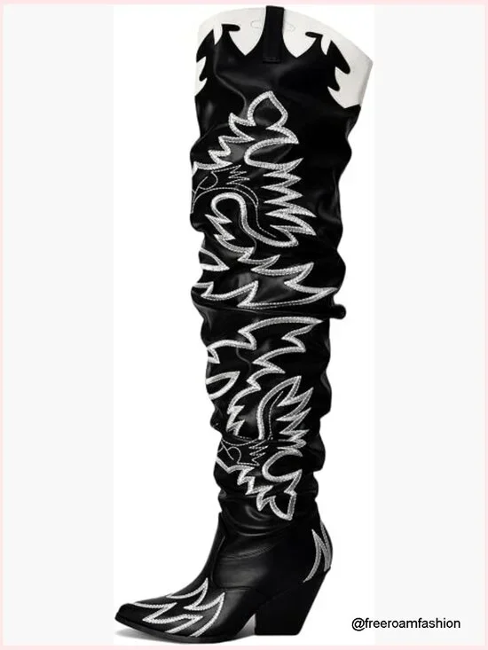 Western Over the Knee Boots Chunky Heel Faux Leather Embroidered Pull On