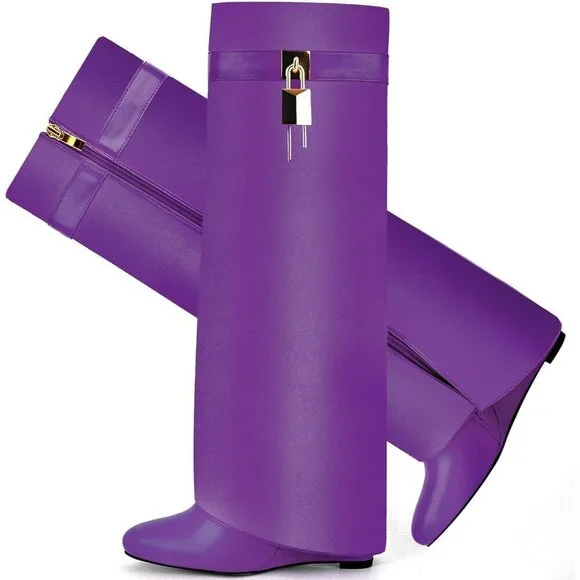 Women Faux Leather Purple Pull-on Wedge Heel Knee Shark Padlock Design Boot