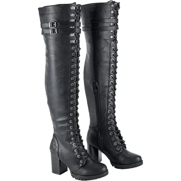 Women's Black Over The Knee Zip Buckle Soft Thigh High Lace Up Tall Boots
