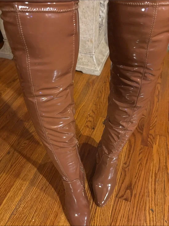 Knee-High Patent Leather Boots - Tan