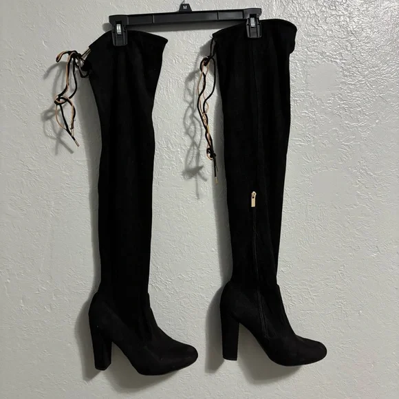 BAMBOO Black Over-the-Knee Boots with Lace Detail