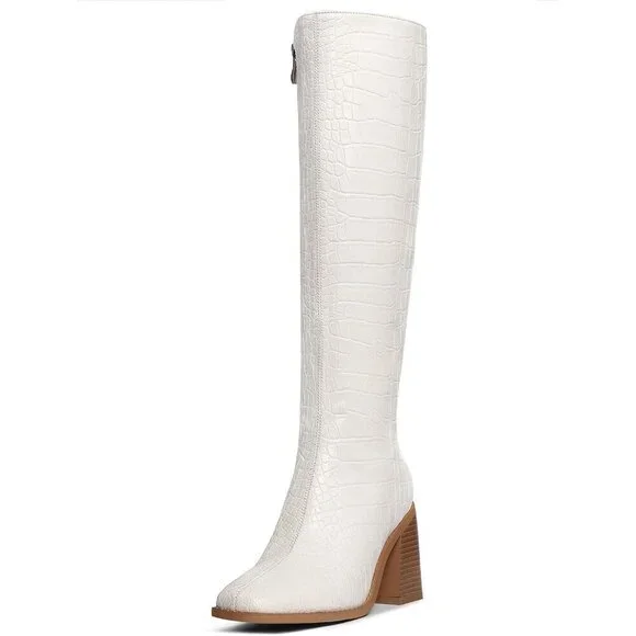 Women Crocodile White Polyurethane Knee High Square Toe Block Heel Tall Boots