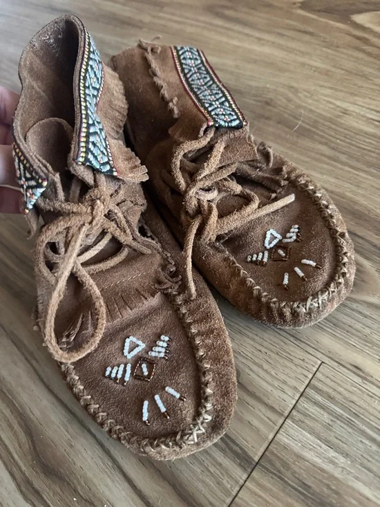 Kids Brown Suede Fringe Moccasin Shoes with Beaded Accent