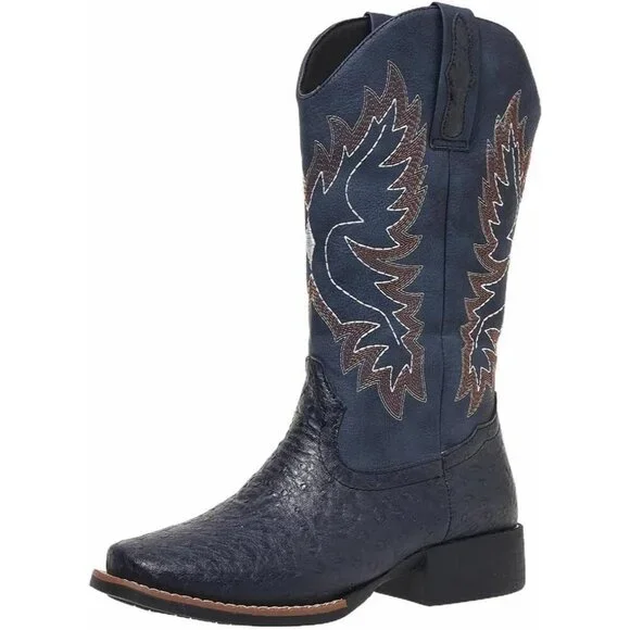 Women Blue Western Cowboy Boots for  Mid Calf Cowgirl Boot Snip Toe Chunky Heel