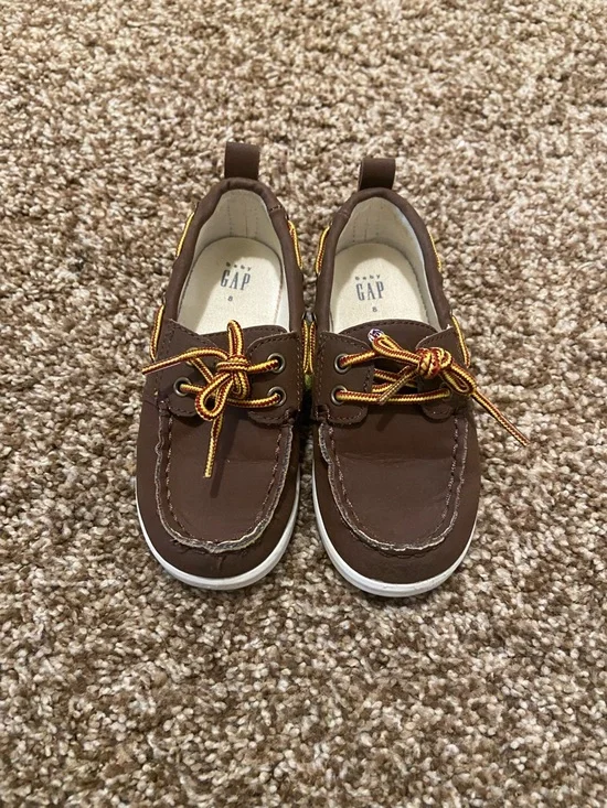 GAP Brown Kids Moccasin Boat Shoes with Yellow Accents