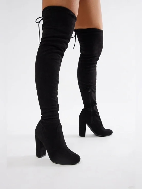 Over-the-Knee Black Suede Block Heel Boots