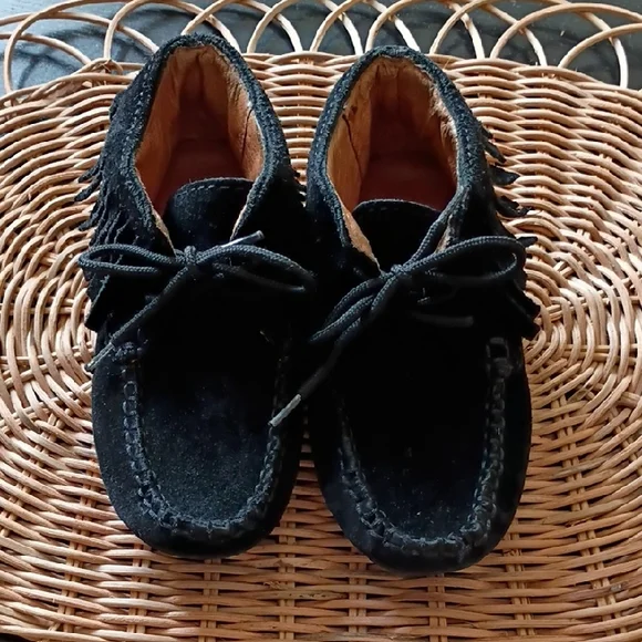 Kids Black Suede Moccasin Shoes