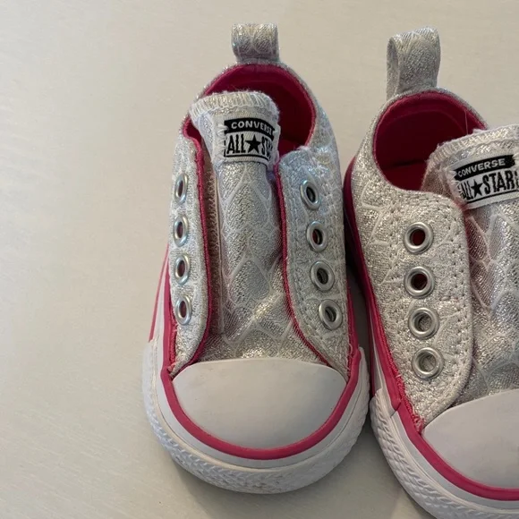 Converse Kids Silver Glitter Slip-On Sneakers with Pink Trim