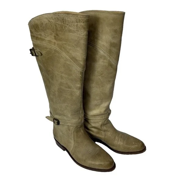 FRYE Dorado Tall Knee Riding Boots  Cream Tan Leather Buckle 77559 Women's Sz 9