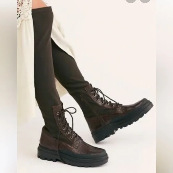 Free People Shoreditch Over The Knee Boots Brown Croc Size 38 New