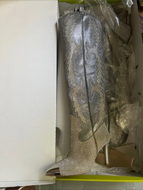 Gianni Bini Silver Metallic Rhinestone Knee-High Boots
