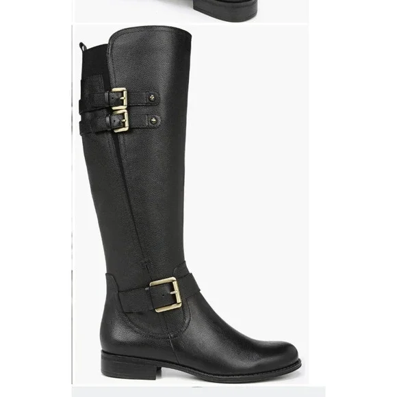 Naturalizer Knee High Riding Boots‎ Black Pebbled Leather Buckle Womens 6.5M NEW