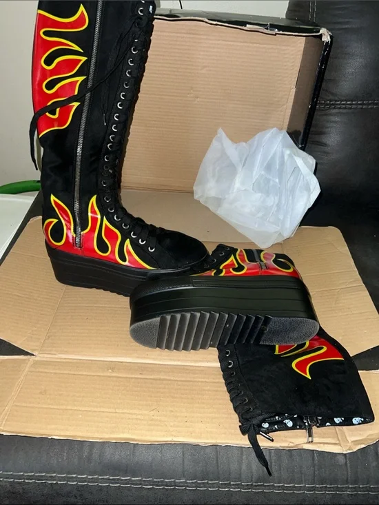 Black Over-the-Knee Platform Lace-Up Boots with Red & Yellow Flame Accent
