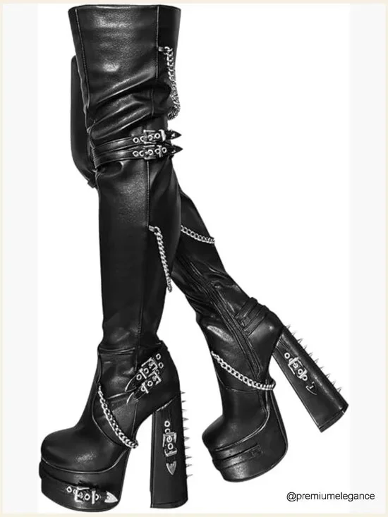 Thigh High Platform Heel Boots Block Heels Zip Side Rivets Chains