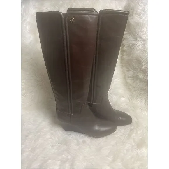 Tory Burch leather Brown Knee-High Wedge Boots back zipper gold tone accent.SZ11