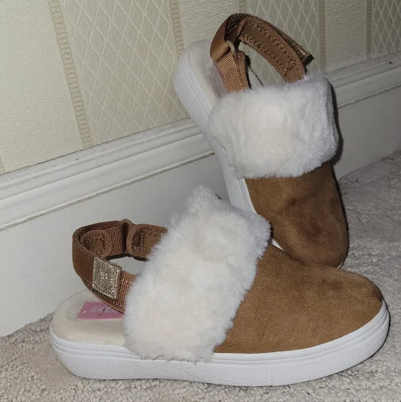 Skechers Girls Brown Faux Suede & White Faux Fur Slip-On Sandals