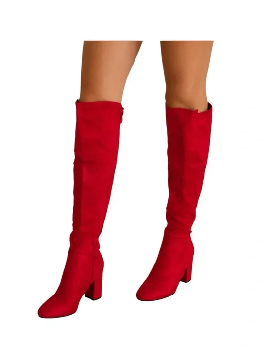Top Moda Red Women's Faux Suede Block Heel Knee High Boot Size 7