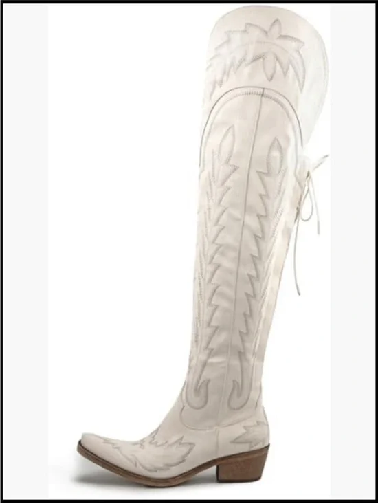 Thigh High Cowboy Boots Wide Calf Western Embroidered Over The Knee Chunky Heel