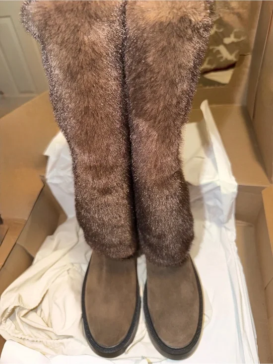 Zara Brown Fur-Trim Over-the-Knee Boots
