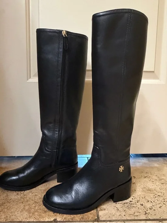 Tory Burch Black Leather Over-the-Knee Riding Boots with Gold Logo