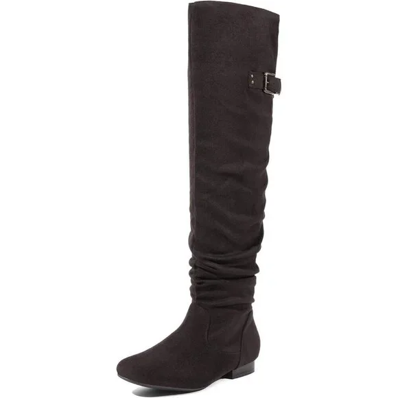 Women's Brown Suede Over The Knee Thigh High Comfortable Low Heel Winter Boots