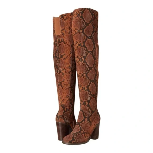 Kelsi Dagger Brooklyn Logan Over The Knee Brown Snake Print Suede Boots Size 8