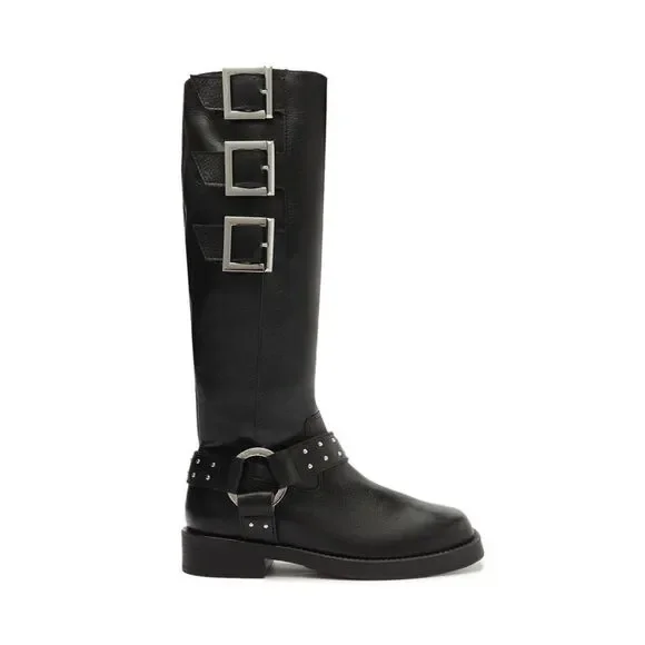 Schutz Luccia Buckle Black Graxo Leather Women's Boot Moto Grunge Punk Casual