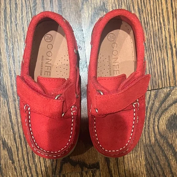 Red Suede Kids Moccasins with Hook-and-Loop Strap