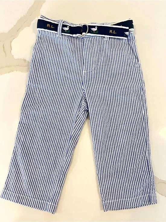 Ralph Lauren Baby Blue Seersucker Stripe Pants with Duck Belt | Size 12M