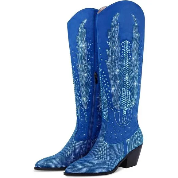 Women Polyurethane Blue Knee High Pointed Toe Chunky Heel Rhinestone Boot