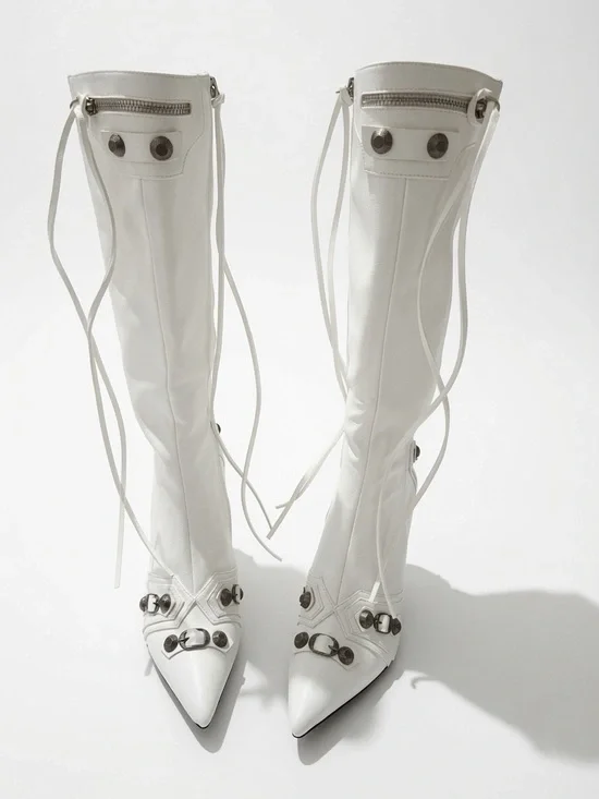 White Moto Punk Knee High Heeled Boots NWOT