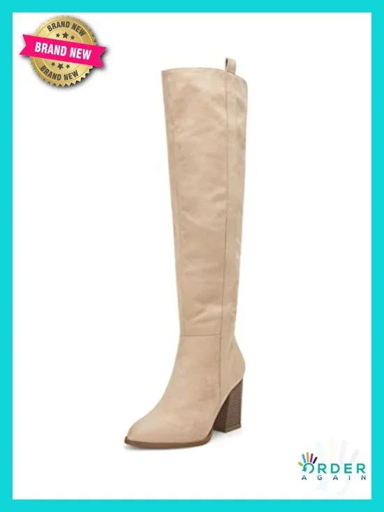 Faux Suede Knee High Side Zipper Chunky Heel Stretch Winter Boots