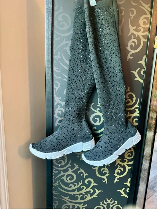Crystal-Embellished Over-the-Knee Sock Boots in Black