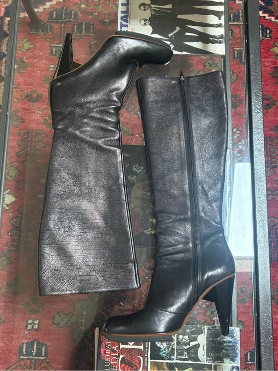 ✨ LANVIN Paris Black Leather Sculpted Horn Heel Knee-High Boots Sz 39 / 8.5 ✨