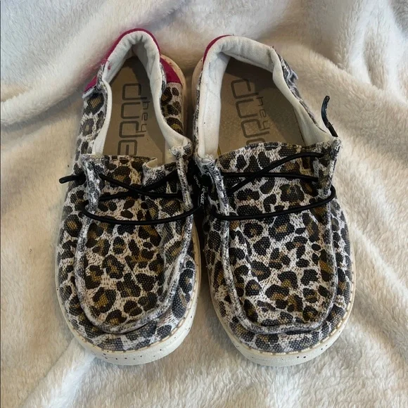 Hey Dude Kids Wendy Leopard Print Slip-Ons with Pink Accent heel!