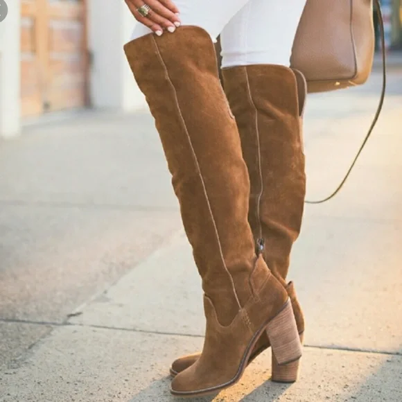 Tall Brown Suede Block Heel Women's Boots