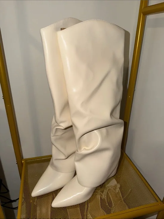 Women's Over-the-Knee Slouchy Pointed-Toe Boots - Cream