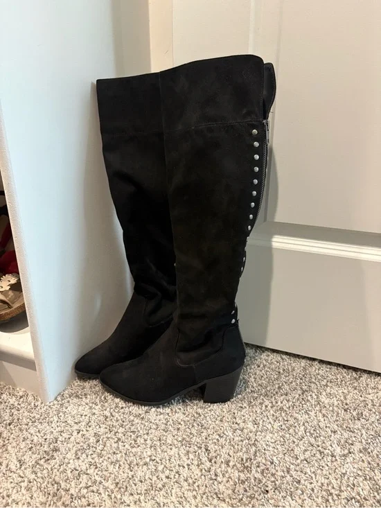 Madden Girl Black Over-the-Knee Studded Block Heel Boots