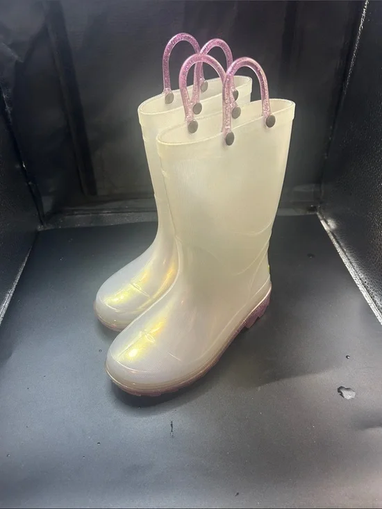 Western Chief Kids Iridescent White Rain Boots with Pink Glitter Handles