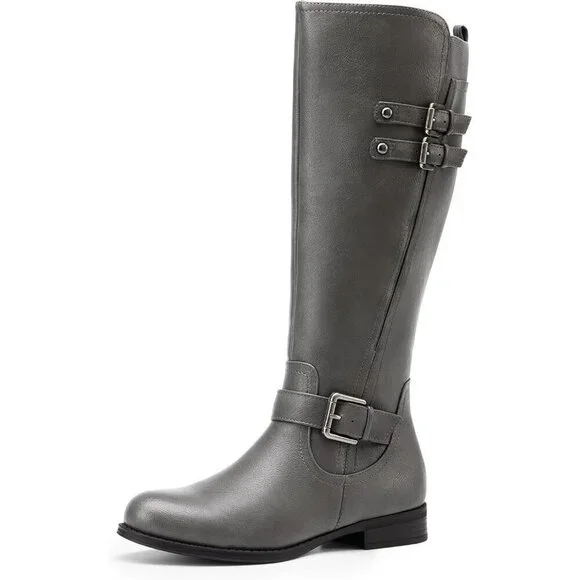 Women's Faux Leather Grey Knee High Buckle Chunky Heel Flat Riding Pirate Boots