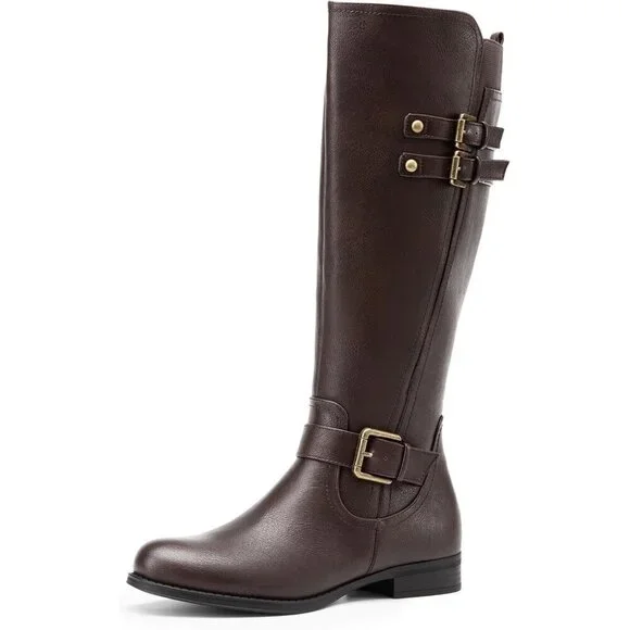 Women's Faux Leather Brown Knee High Buckle Chunky Heel Flat Riding Pirate Boots