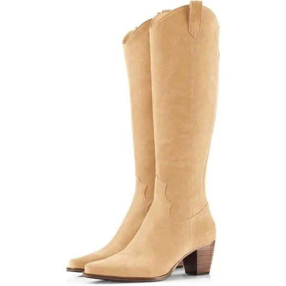 Women Khaki Cowboy Knee High Boots Chunky Block Heel Square Toe Tall Riding Boot