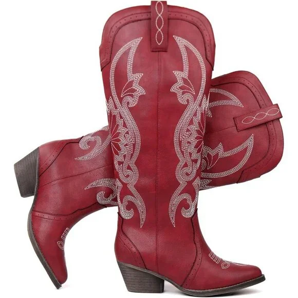 Women's Red Faux Leather Pointed Toe and Block Heel Classic Embroidered Boot