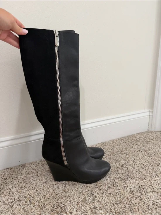 Bar III Black Wedge Knee-High Boots with Side ZiP