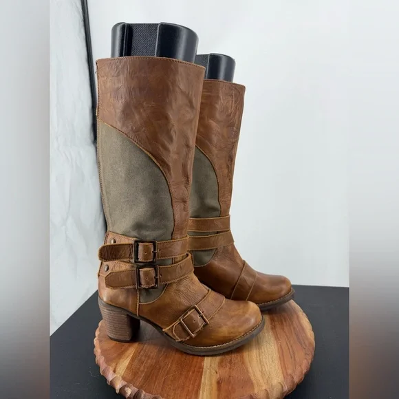 Durango harness tall boots sz 7 brown leather‎ green canvas