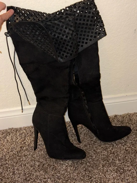 Black Women's High Heel Fold-Over Knee Boots - Brand Unknown